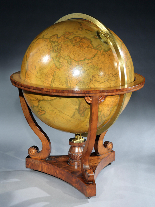 At the Masterpiece fair in London from June 28 to July 4, Butchoff Antiques will offer this only known example of an oversize Cary 'terraqueous' globe that maps the 1839 expedition to the Great Northwestern Passage. Image courtesy Butchoff Antiques and Masterpiece.